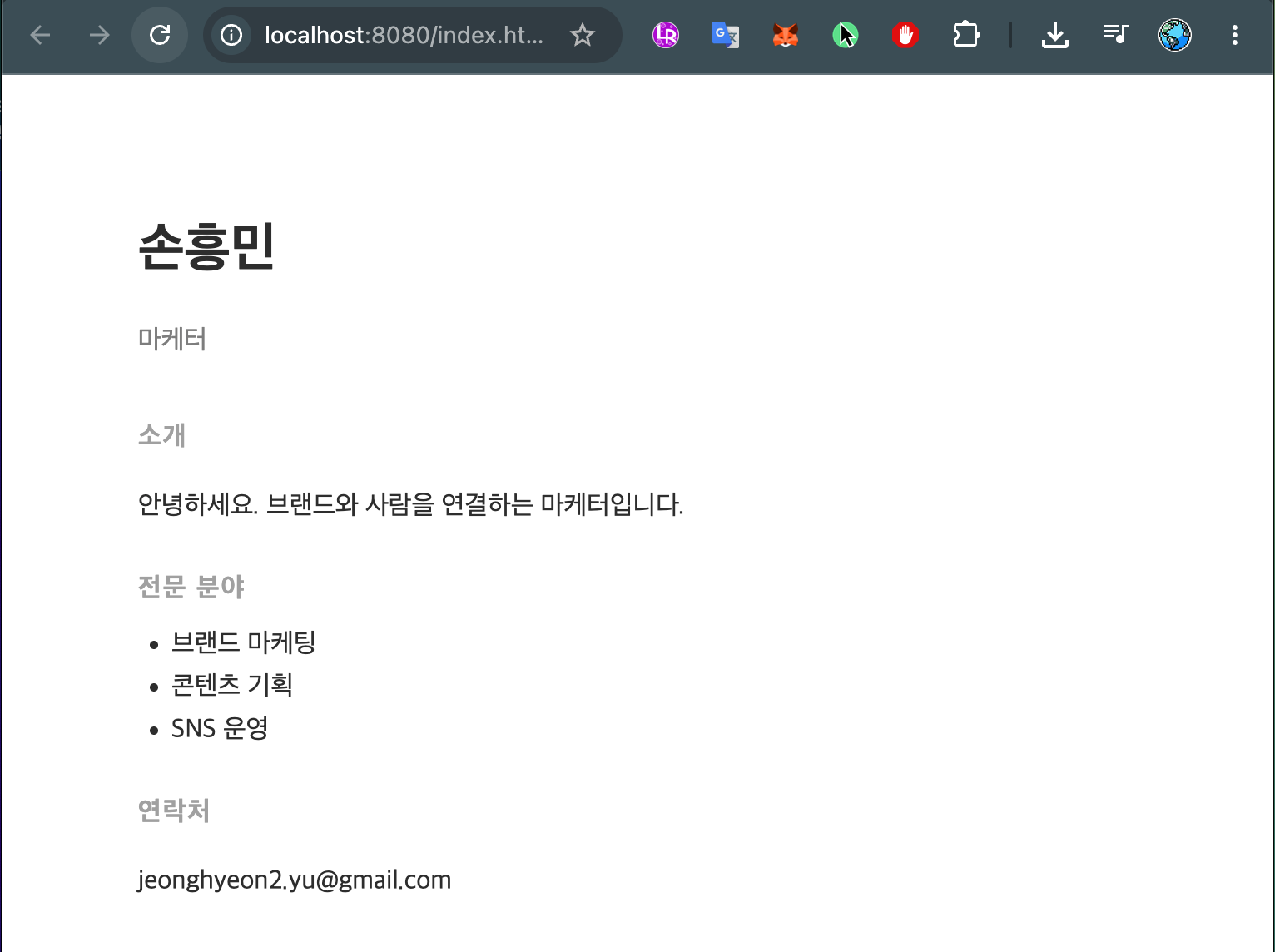 브라우저에서 localhost 주소로 연 내 사이트 미리보기